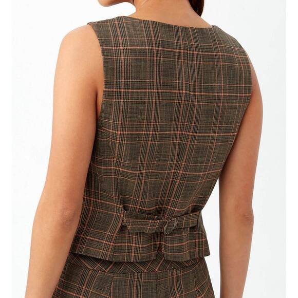 $278 Trina Turk Kofi Plaid V-Neck Fitted Vest | Sz 4, Brown Plaid NEW - Picture 3 of 10